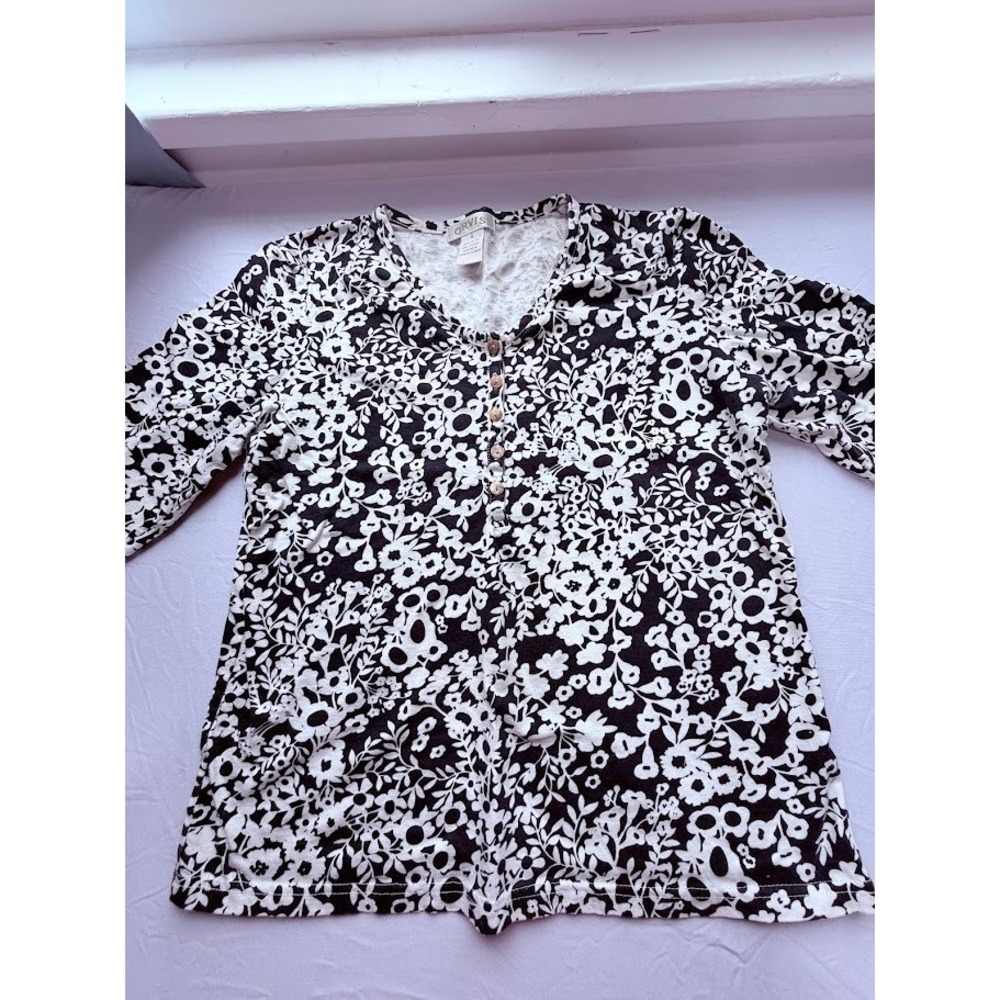 Orvis Women's Navy and White Floral Cotton Henley 3/4 Sleeve Top - Small